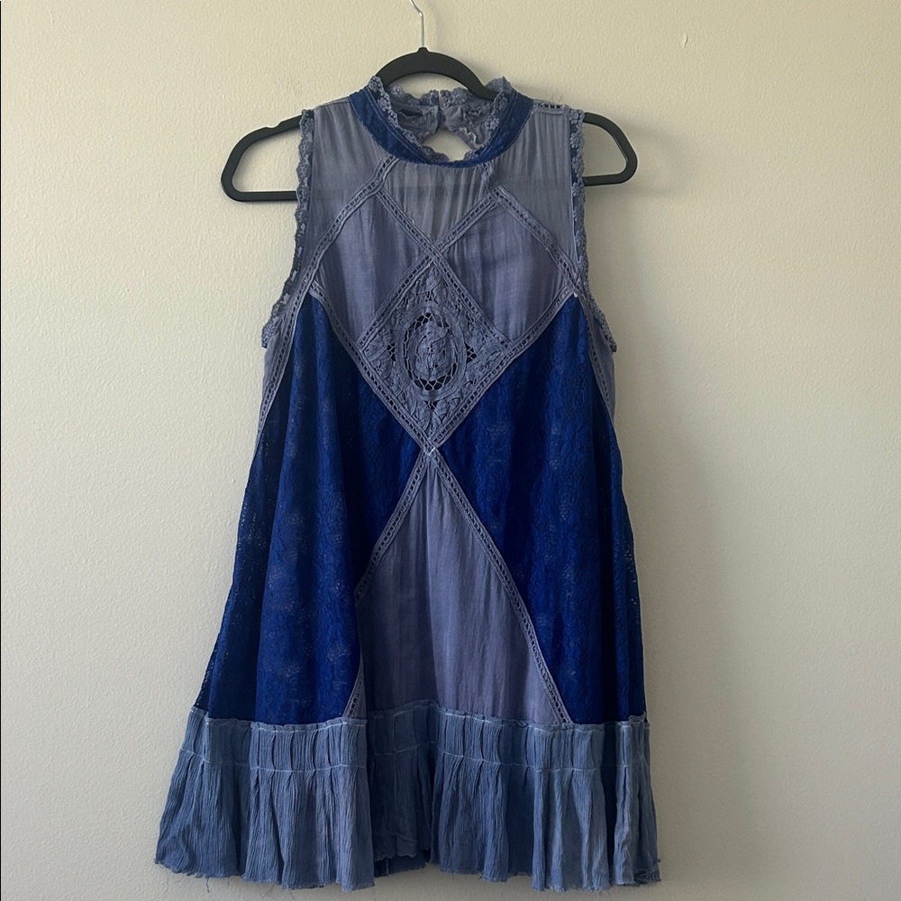 FREE PEOPLE ONE BLUE LACEY PATCHWORK OPEN BACK MINI DRESS